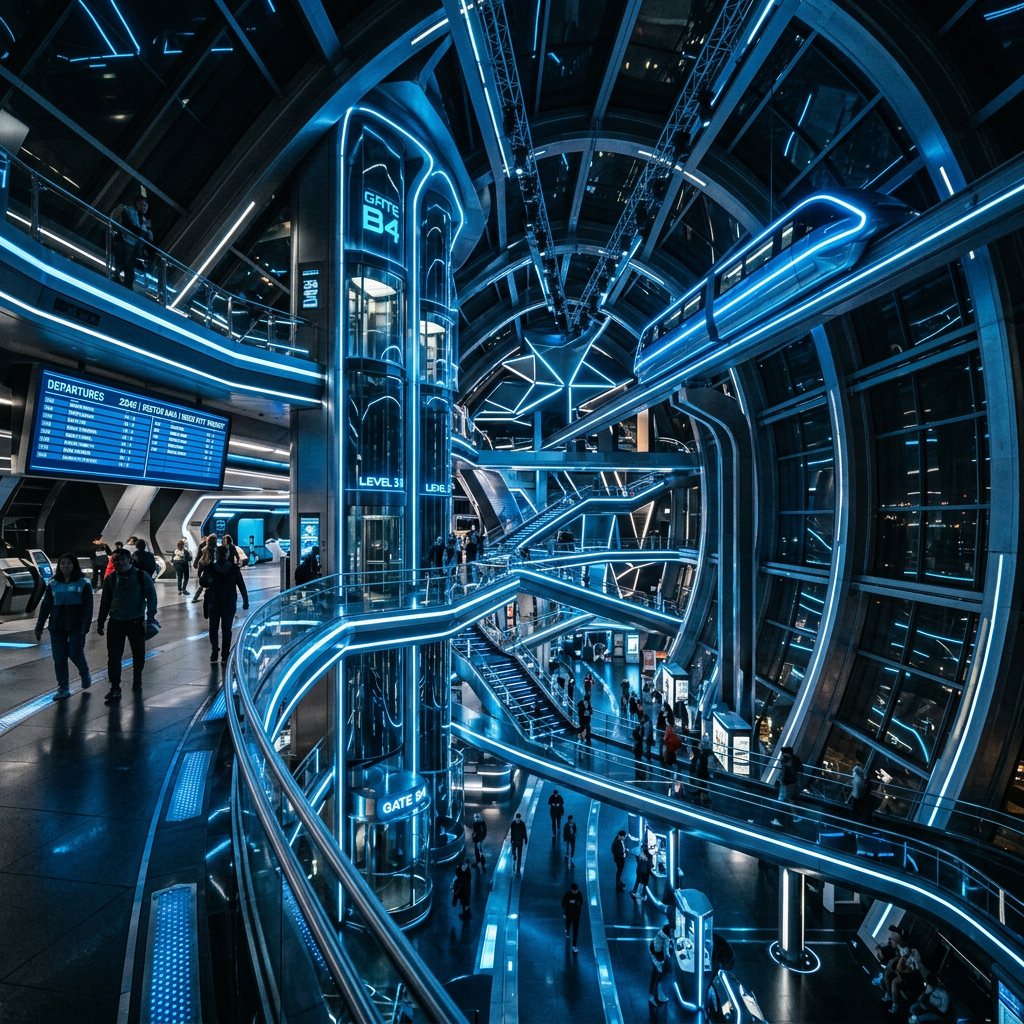 Futuristic airport terminal with blue neon lights, escalators, and passengers